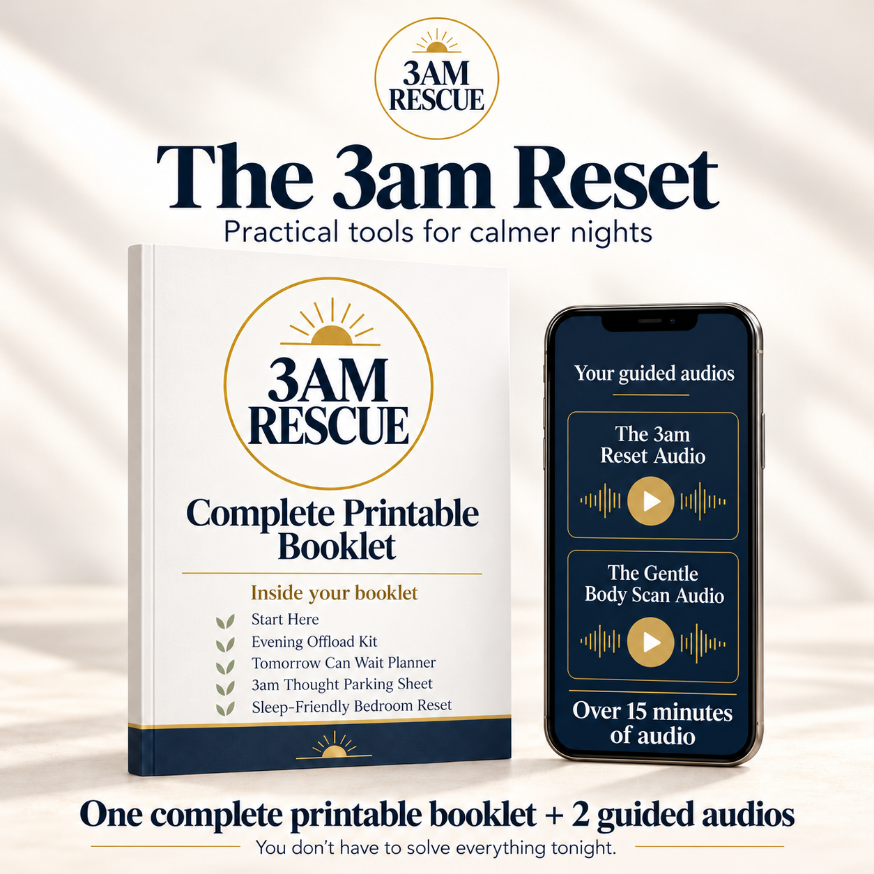 The 3am Reset digital toolkit: one complete printable booklet with five sections and two guided audios, shown as a book and phone mockup.